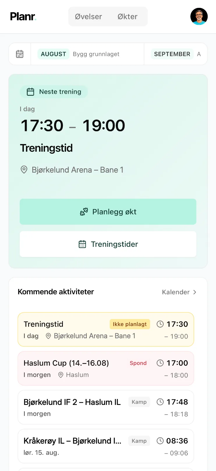 The same Planr dashboard on a phone, with the next session and upcoming activities.
