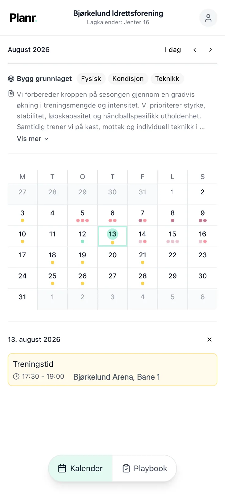 The Planr team calendar on a phone with the monthly theme, calendar and playbook, the way a player or parent sees it.