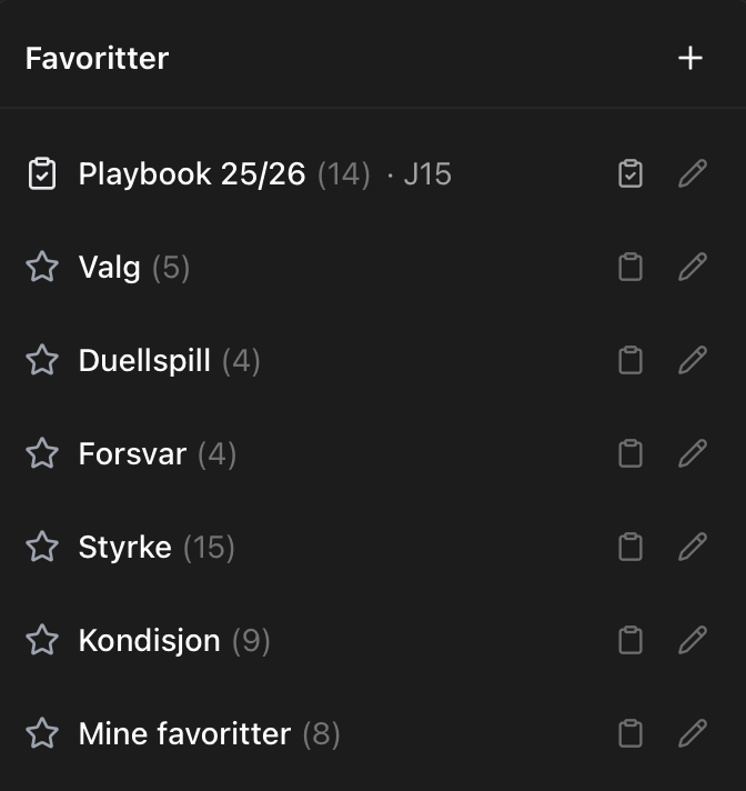 Favoritlister i Planr med egne lister som Playbook, Valg, Duellspill og Forsvar